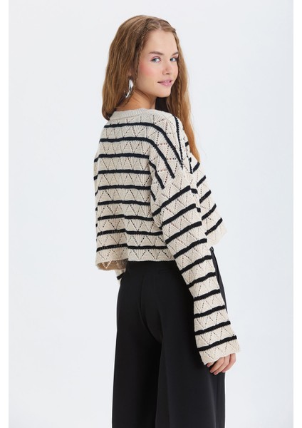 Çizgili Crop Triko Kazak Siyah - Bej indirimleri