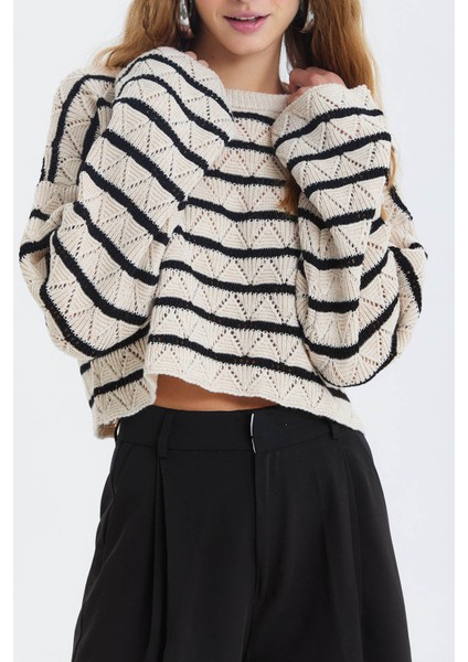 Çizgili Crop Triko Kazak Siyah - Bej