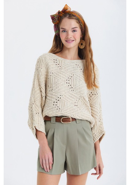 Oversize Örme Desenli Triko Kazak Bej