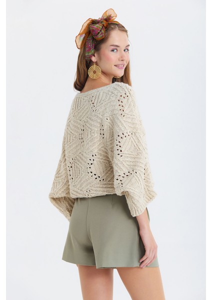 Oversize Örme Desenli Triko Kazak Bej fırsatları