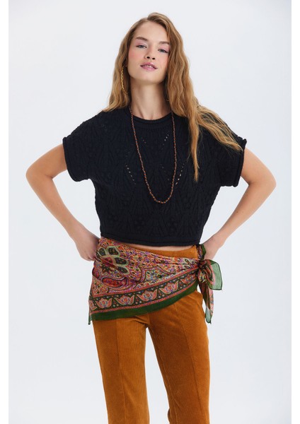 Örgü Desenli Kısa Kollu Kazak Siyah