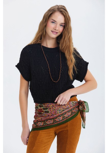 Örgü Desenli Kısa Kollu Kazak Siyah modelleri