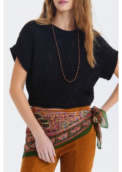 Örgü Desenli Kısa Kollu Kazak Siyah