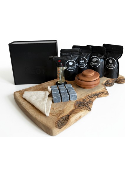 Premium Hediyelik Viski Tütsüleme Seti, 1 Smoker, 9 Adet Mermer Küpler, Torch Çakmak ve 4 Talaş