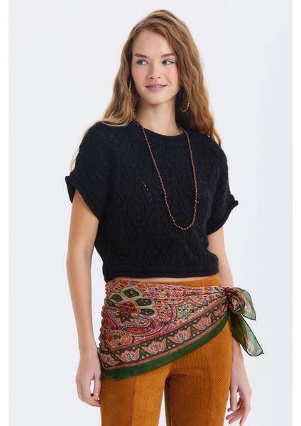 Etnik Desenli Hint Ipeği Şal Yeşil - Turuncu