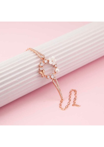 925 Ayar Gümüş Rose Manolya Çiçeği Kelebek Kadın Bileklik T7455 (800800)