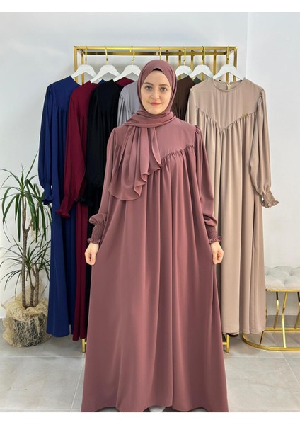 Sallı ,önü V Model Büzgülü Tesettür Elbise Takım ,ferrace,abaya, Hicab,hac ve Umre Için Uygun Gül