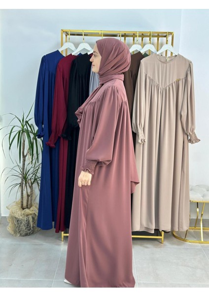 Sallı ,önü V Model Büzgülü Tesettür Elbise Takım ,ferrace,abaya, Hicab,hac ve Umre Için Uygun Gül fiyatları