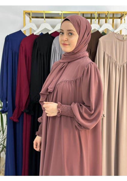 Sallı ,önü V Model Büzgülü Tesettür Elbise Takım ,ferrace,abaya, Hicab,hac ve Umre Için Uygun Gül fırsatları