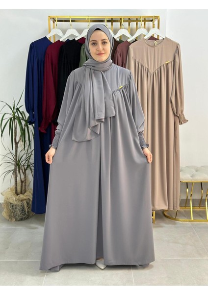 Sallı ,önü V Model Büzgülü Tesettür Elbise Takım ,ferrace,abaya, Hicab,hac ve Umre Için Uygun Gri