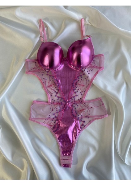 Beyaz Gelincik Underwear Kadın Dantelli Deri Pembe Transparan Çıtçıtlı Sütyenli Body Bodysuit Fantezi Iç Çamaşır