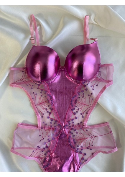 Beyaz Gelincik Underwear Kadın Dantelli Deri Pembe Transparan Çıtçıtlı Sütyenli Body Bodysuit Fantezi Iç Çamaşır fiyatları