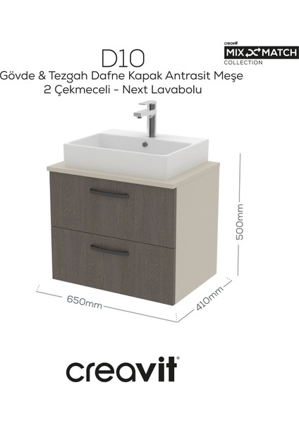 D10 Next Lavabo Dolabı Iki Çekmeceli 65 cm Dafne Gövde Antrasit Meşe Kapak