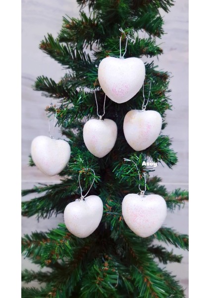 Yılbaşı Ağacı Süsü 5 cm Cici Beyaz Kalp Simli Işıltılı Parıltılı Süs Parlak 6 Adet