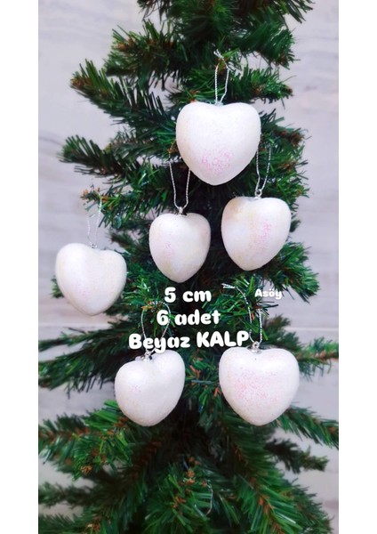 Yılbaşı Ağacı Süsü 5 cm Cici Beyaz Kalp Simli Işıltılı Parıltılı Süs Parlak 6 Adet fiyatları