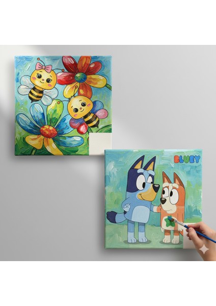 Okul Etkinliği-2'li Tuval Boyama Seti. 20X20 cm Uv Baskı 6 Akrilik Boya 1 FIRÇA-MODEL-228