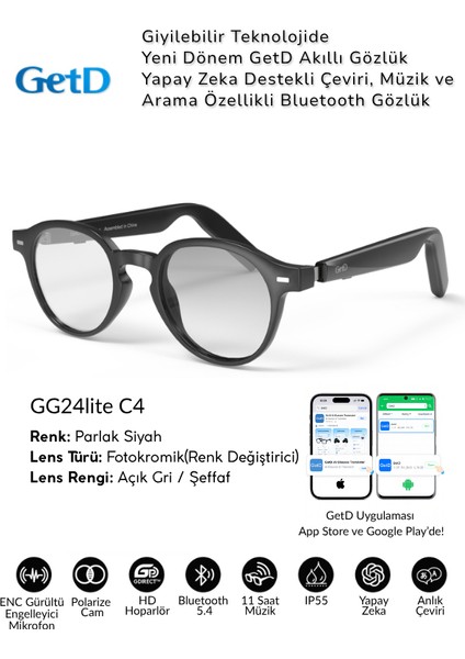 GG24C4 Getd Akıllı Gözlük – Çeviri, Müzik ve Arama Özellikli Bluetooth Gözlük