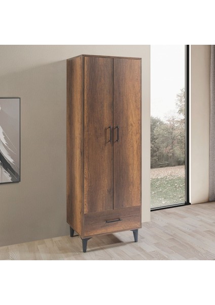 Dolap, Blesk 2 Kapaklı Çekmeceli Askılıklı Koyu Ceviz Gardırop
