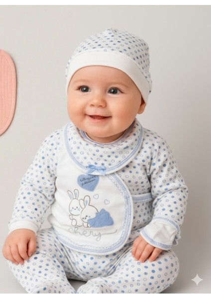 Yeni Sezon Basik Tavşanlı 5li Hastane Çıkış Seti Yenidoğan Kıyafeti Takım Kız Erkek Bebek