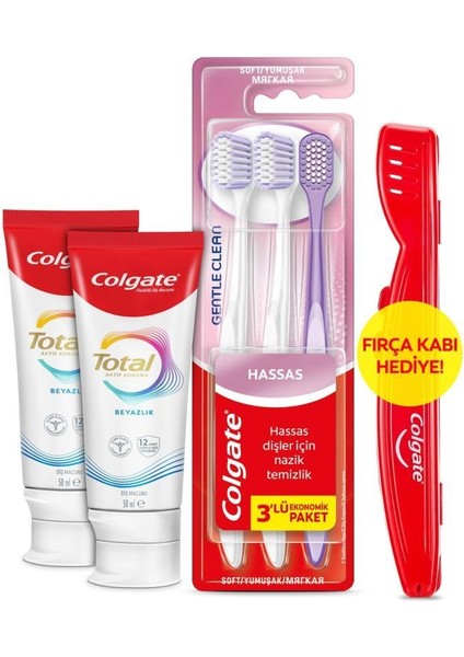Total Whitening 50 ml 2'li Diş Macunu, Gentle Clean 2+1 Diş Fırçası + Diş Fırçası Kabı Hediyeli