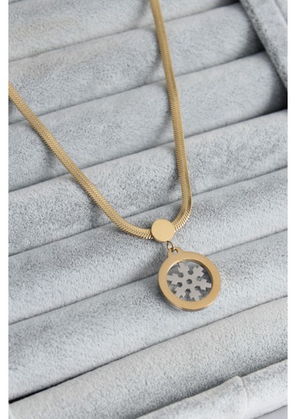 316L Çelik Gold Renk Italyan Zincir Model Gümüş Kar Tanesi Figür Kadın Kolye - TJ-BKO7674