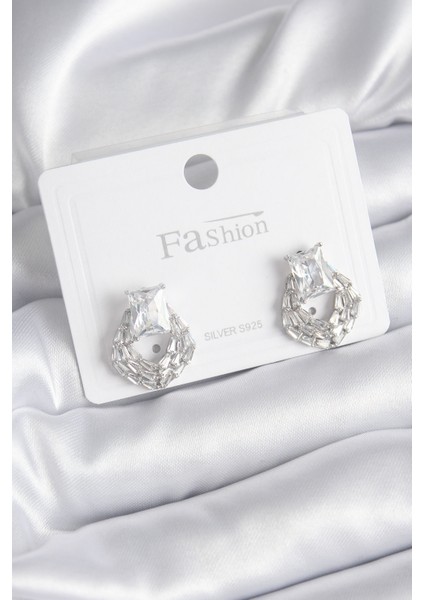 Pirinç Gümüş Renk Zirkon Taşlı Kadın Küpe - TJ-BKP8394