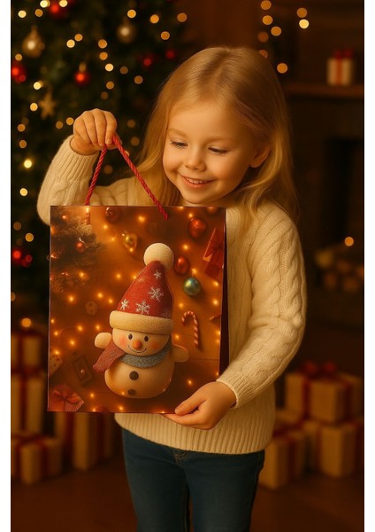 3 Boyutlu Büyük Kardan Adam Yılbaşı Temalı Hediye Paketi & Çanta & Poşet 40*30*12 cm