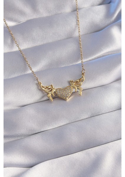 316L Çelik Zincir Gold Renk Zirkon Taşlı Kalp Model Kelebek Detay Kolye