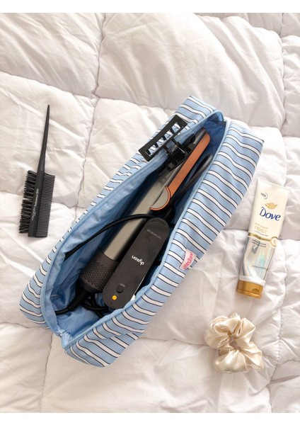 Mavi Çizgili Saç Maşa Düzleştirici Çantası Airwrap Airstrait Için Elyaf Dolgulu Seyahat Çantası fiyatları