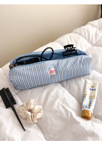 Mavi Çizgili Saç Maşa Düzleştirici Çantası Airwrap Airstrait Için Elyaf Dolgulu Seyahat Çantası indirimleri