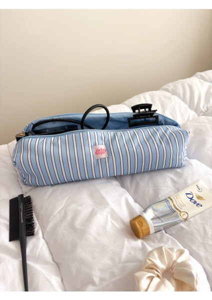 Mavi Çizgili Saç Maşa Düzleştirici Çantası Airwrap Airstrait Için Elyaf Dolgulu Seyahat Çantası
