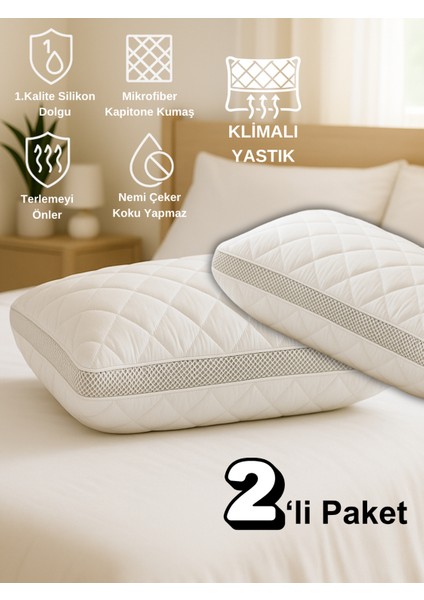 2'li 800 gr Klimalı Mikrofiber Kapitone Yastık Yumuşak Antialerjik Makinede Yıkanabilir Pürüzsüz 50X70CM