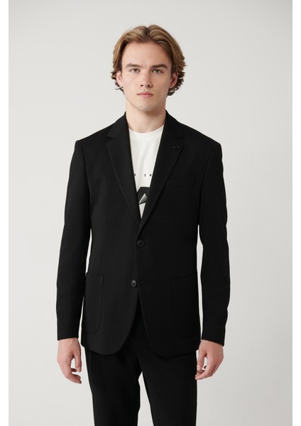 Erkek Siyah Mono Yaka Astarlı Yırtmaçlı Jersey Kumaş Slim Fit Blazer Ceket B004000