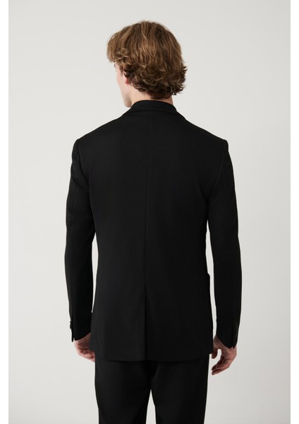 Erkek Siyah Mono Yaka Astarlı Yırtmaçlı Jersey Kumaş Slim Fit Blazer Ceket B004000