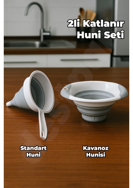 2'li Katlanır Huni Seti - Akordiyon Saplı Huni ve Kavanoz Hunisi - Katlanabilir Yer Kaplamaz