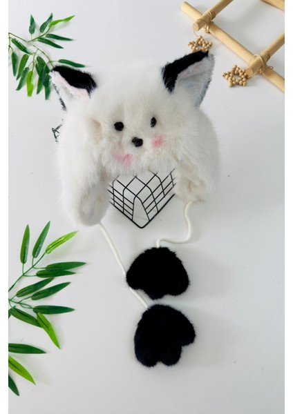 Peluş Kedi Kulaklı Sevimli Kız çocuk bere - Beyaz