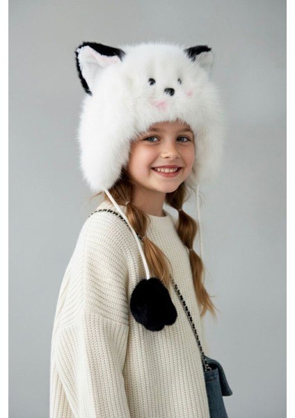 Peluş Kedi Kulaklı Sevimli Kız çocuk bere - Beyaz fiyatları