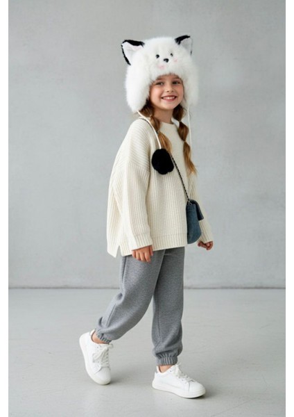 Peluş Kedi Kulaklı Sevimli Kız çocuk bere - Beyaz modelleri