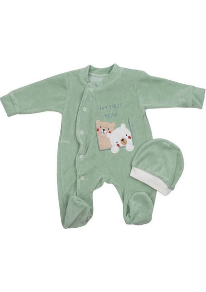 Patikli Kadife Erkek Bebek Tulum & Ayıcık Nakışlı Çıtçıtlı Yeşil Tulum & (1-9 Ay)