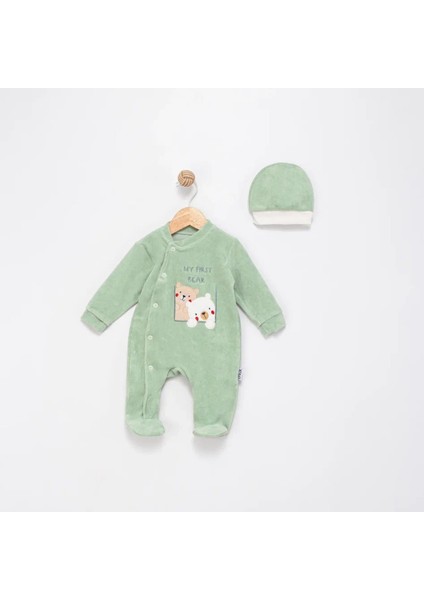 Patikli Kadife Erkek Bebek Tulum & Ayıcık Nakışlı Çıtçıtlı Yeşil Tulum & (1-9 Ay) fiyatları