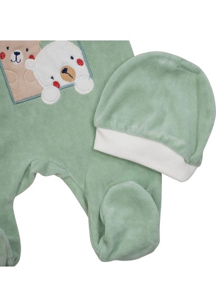 Patikli Kadife Erkek Bebek Tulum & Ayıcık Nakışlı Çıtçıtlı Yeşil Tulum & (1-9 Ay) modelleri