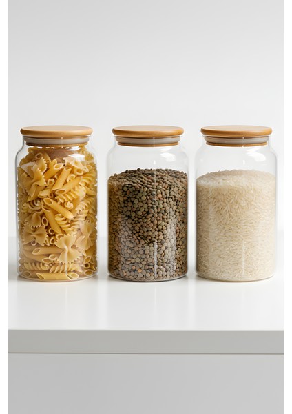 3'lü Cam Saklama Kabı Seti 1130 cc - Vakumlu Bambu Kapaklı Gıda Muhafaza Kavanozu
