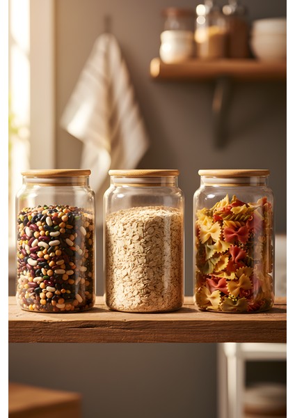 3'lü Cam Saklama Kabı Seti 1130 cc - Vakumlu Bambu Kapaklı Gıda Muhafaza Kavanozu fiyatları