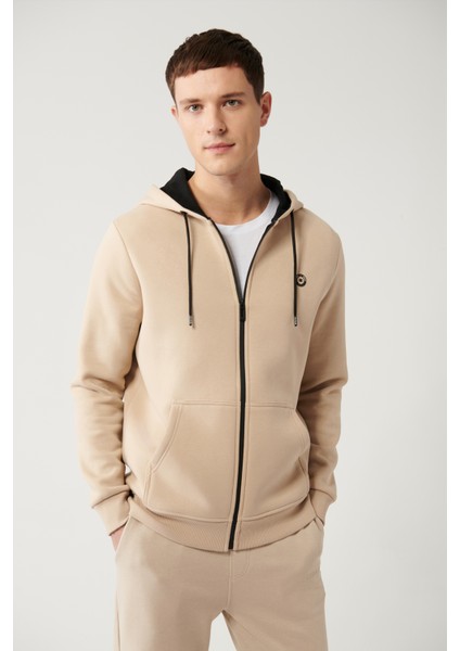Erkek Bej Kapüşonlu 3 İplik Şardonlu Fermuarlı Regular Fit Sweatshirt E001019