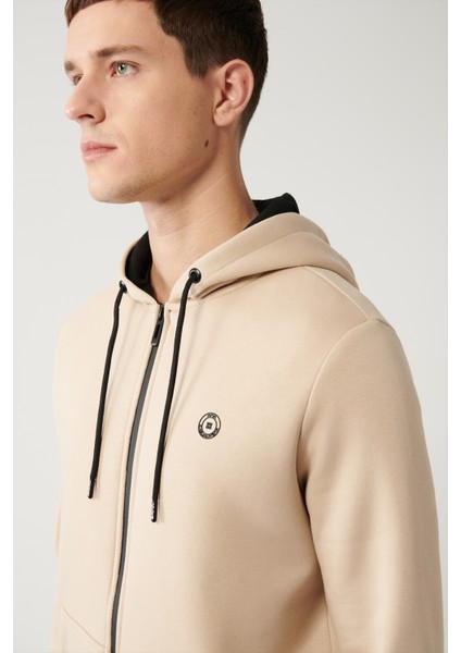 Erkek Bej Kapüşonlu 3 İplik Şardonlu Fermuarlı Regular Fit Sweatshirt E001019