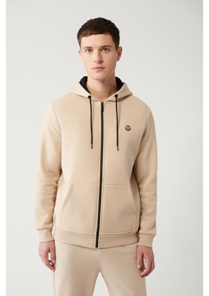 Erkek Bej Kapüşonlu 3 İplik Şardonlu Fermuarlı Regular Fit Sweatshirt E001019