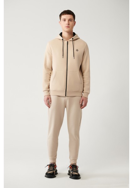 Erkek Bej Kapüşonlu 3 İplik Şardonlu Fermuarlı Regular Fit Sweatshirt E001019