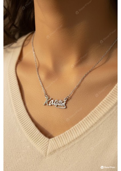 Atatürk Imzası Kolye Çelik Kolye 316L Çelik Zirkon Taşlı Kadın Kolyesi