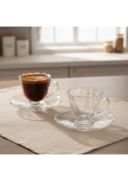 Olive Cam 6 Kişilik Tabaklı Türk Kahvesi Espresso Fincan Seti – 6 x 90 ml