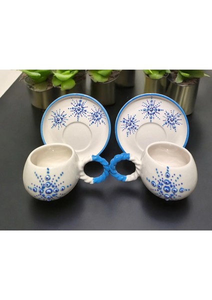 Yıldız Nazar Desenli Özel Kabartmalı El Işlemeli 4 Parça 2 Kişilik Fincan Takımı